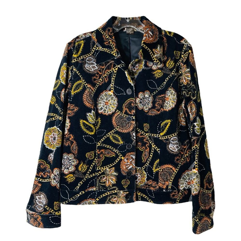 Vintage black orange floral corduroy boho fall button lightweight jacket 8